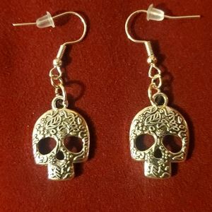 Handmade Silver Skull Etched Earrings